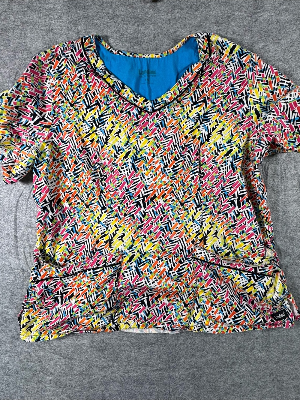 Landau Multicolor V-Neck Scrub Top with Front Pockets